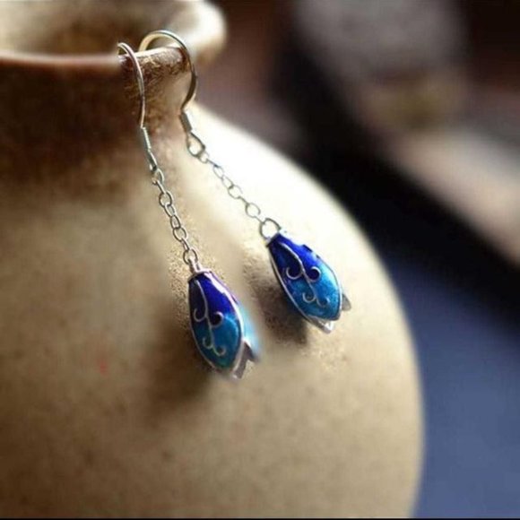 SOLD Long Dangle Botanic Cloisonne Floral Earrings - Picture 2 of 4